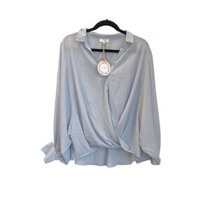 NWT Umgee Women’s Sz S USA Light Blue Flowy Criss Cross Wrap Blouse Long Sleeve